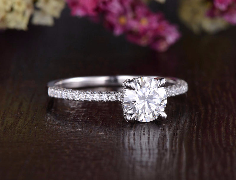 Round Cut Moissanite Engagement Ring, Delicate Vintage Design, Choose Your Stone Size & Metal