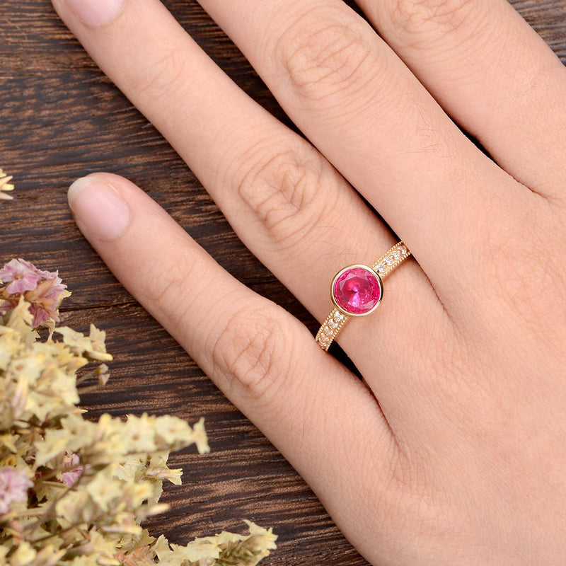 1.25ct Lab Created Ruby Halo Engagement Ring, Vintage Design, Round Cut, Available In All Metal Types