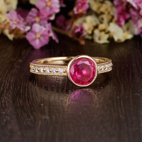 1.25ct Lab Created Ruby Halo Engagement Ring, Vintage Design, Round Cut, Available In All Metal Types