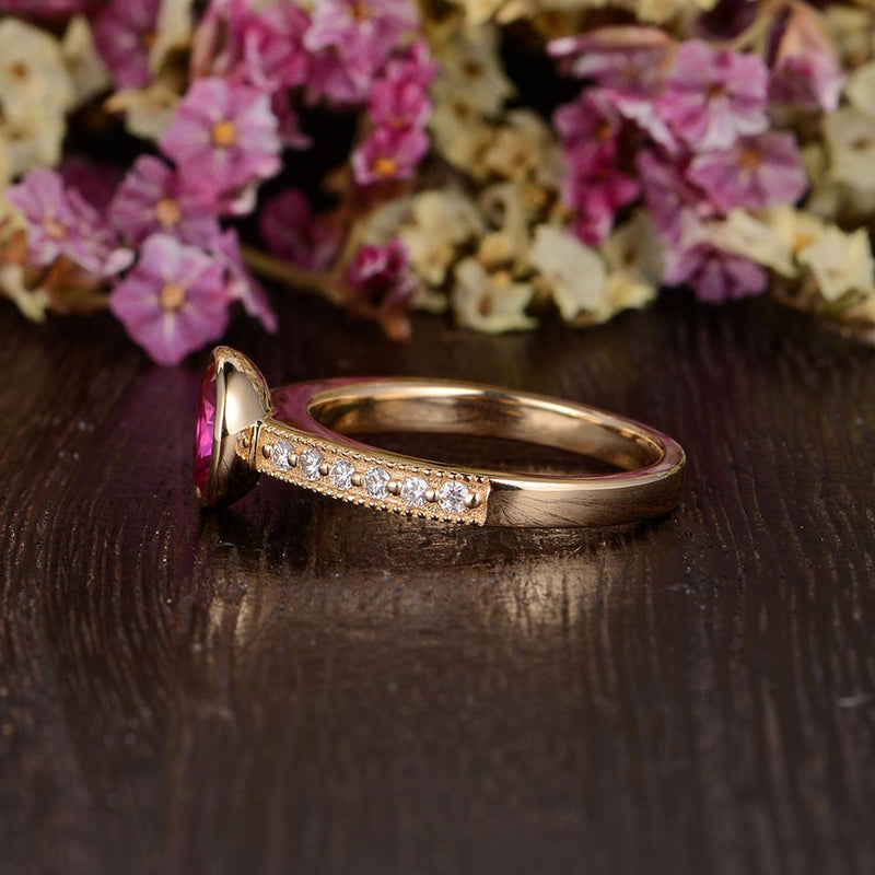 1.25ct Lab Created Ruby Halo Engagement Ring, Vintage Design, Round Cut, Available In All Metal Types