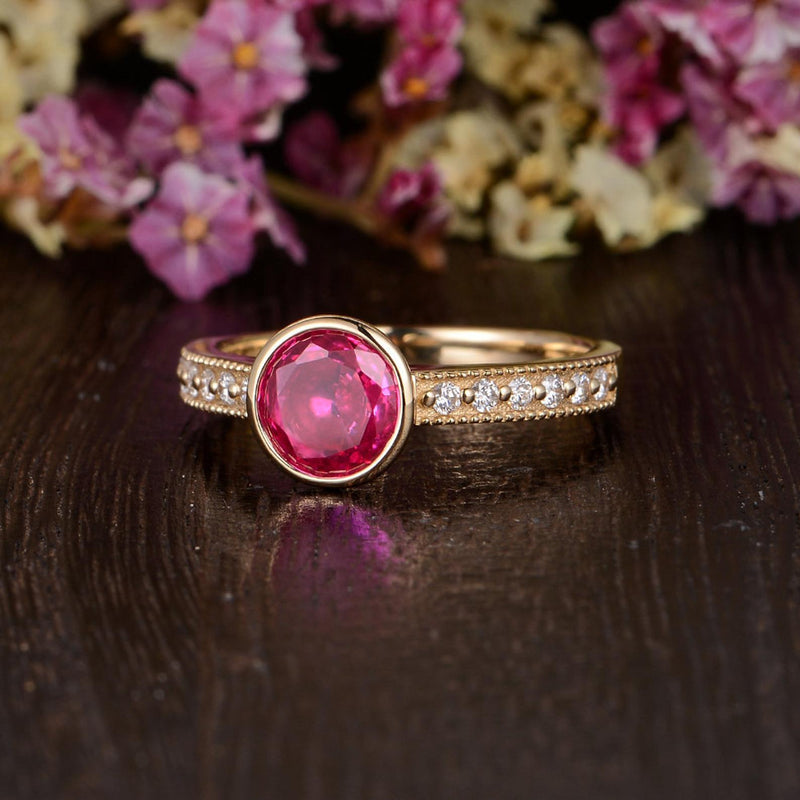 1.25ct Lab Created Ruby Halo Engagement Ring, Vintage Design, Round Cut, Available In All Metal Types