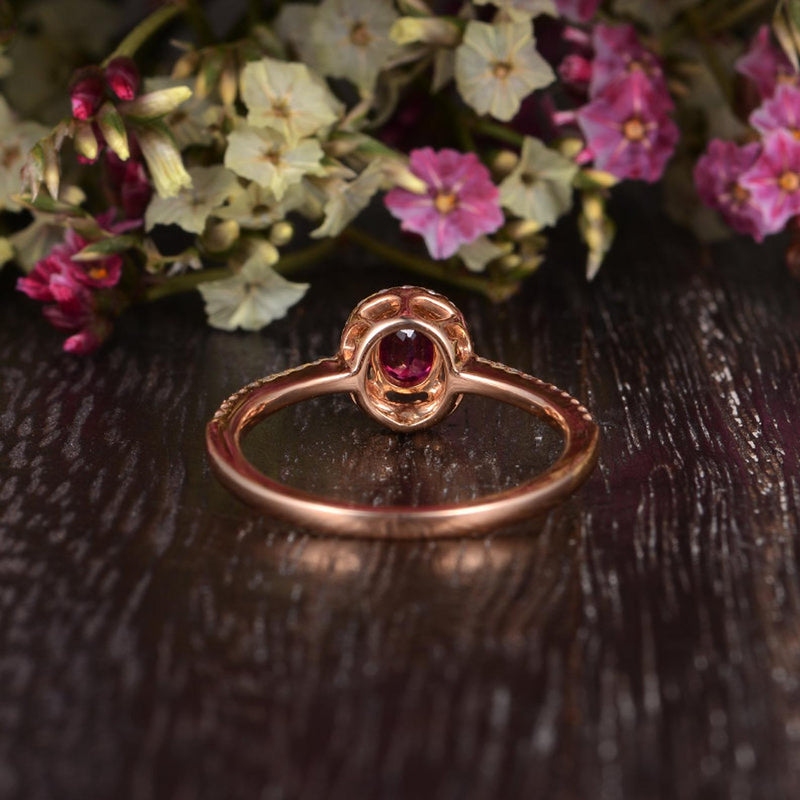 0.50ct Lab Created Ruby Halo Engagement Ring, Vintage Design, Oval Cut, Available In All Metal Types