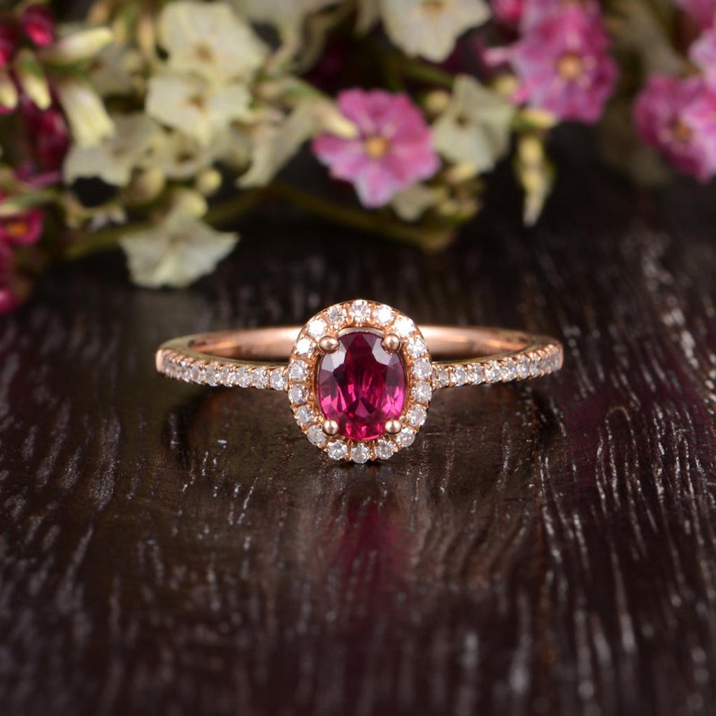 10X8 mm Oval Cut Created Ruby and 5/8 ctw Oval Lab Grown Diamond Halo  Engagement Ring - Grownbrilliance
