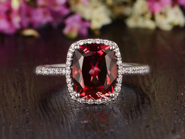 4.00ct Lab Created Ruby Halo Engagement Ring, Vintage Design, Cushion Cut, Available In All Metal Types