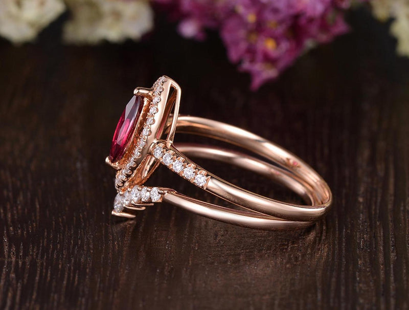 0.75ct Lab Created Ruby Engagement Ring, Art Deco Vintage Design, Maqruise Cut, Available In All Metal Types