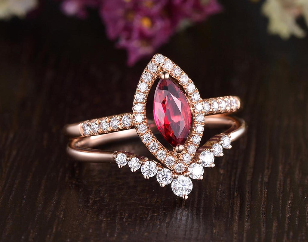 Lab Created Ruby Engagement Ring, Art Deco Vintage Design, Marquise Cu