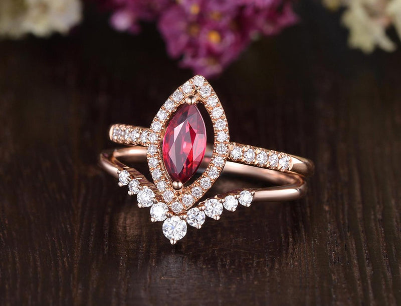 0.75ct Lab Created Ruby Engagement Ring, Art Deco Vintage Design, Maqruise Cut, Available In All Metal Types