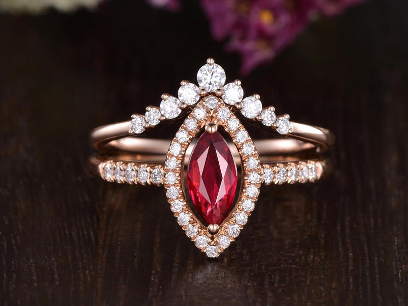 0.75ct Lab Created Ruby Engagement Ring, Art Deco Vintage Design, Maqruise Cut, Available In All Metal Types