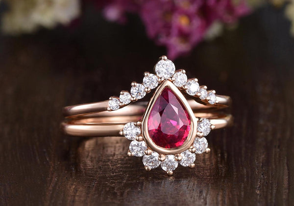 1.25ct Lab Created Ruby Engagement Ring, Art Deco Vintage Design, Pear Cut, Available In All Metal Types