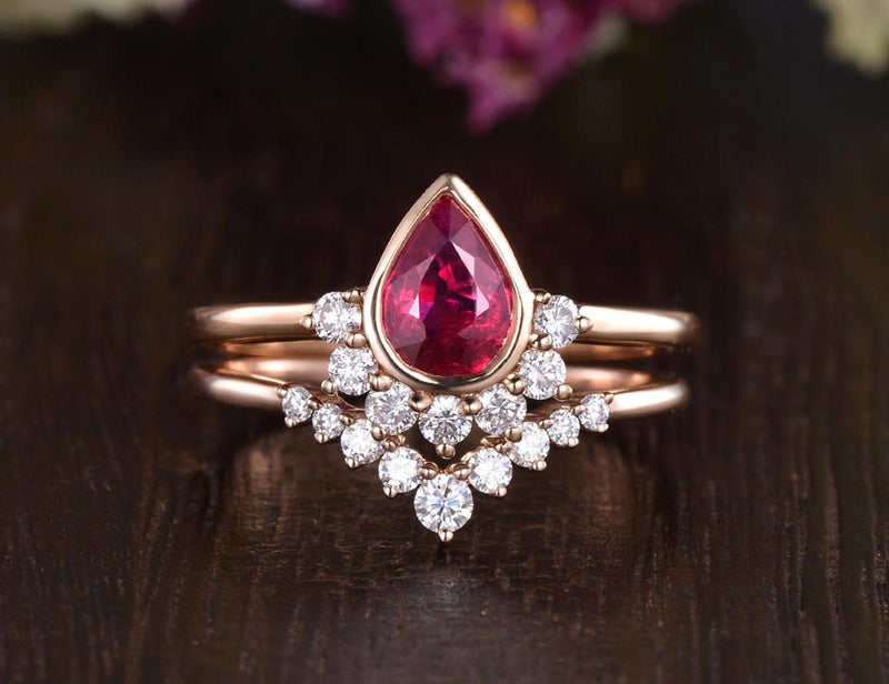 1.25ct Lab Created Ruby Engagement Ring, Art Deco Vintage Design, Pear Cut, Available In All Metal Types