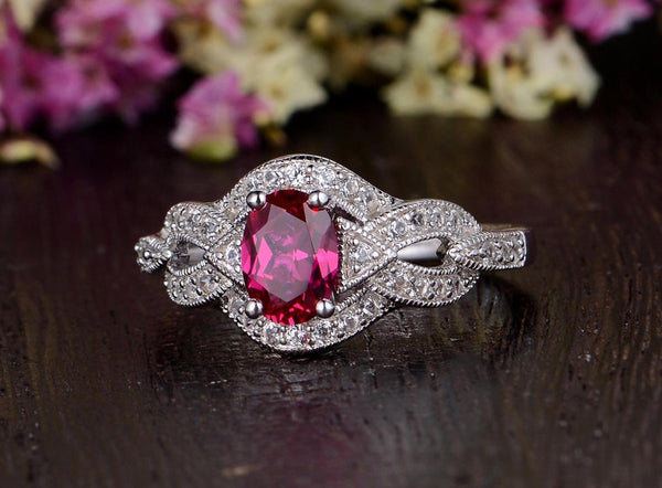 0.75ct Lab Created Ruby Engagement Ring, Art Deco Vintage Design, Oval Cut, Available In All Metal Types