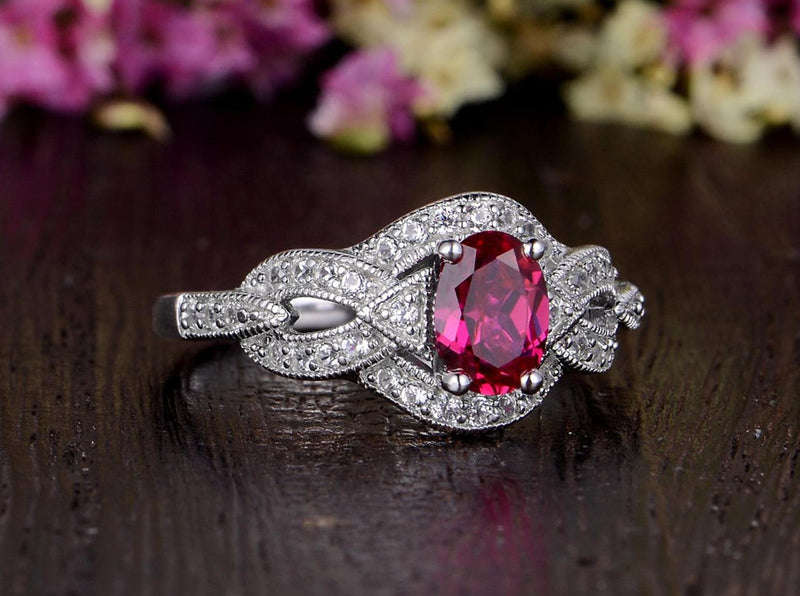 0.75ct Lab Created Ruby Engagement Ring, Art Deco Vintage Design, Oval Cut, Available In All Metal Types