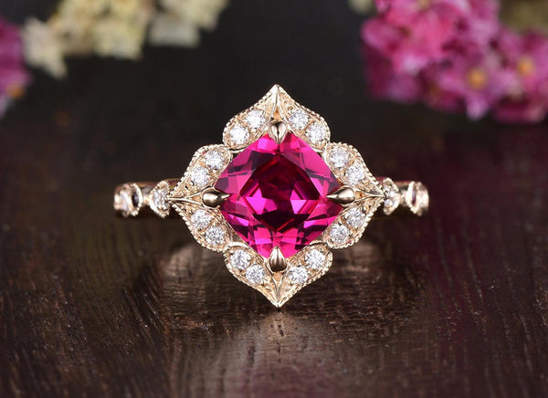 2.00ct Lab Created Ruby Engagement Ring, Art Deco Vintage Design, Cushion Cut, Available In All Metal Types