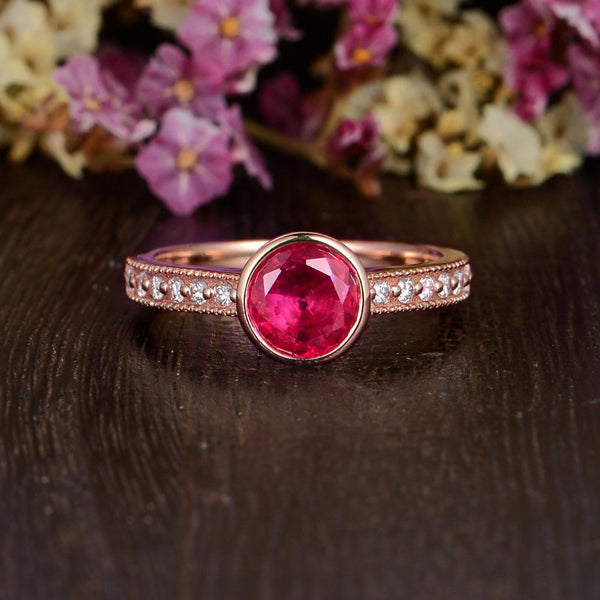 1.25ct Lab Created Ruby Halo Engagement Ring, Vintage Design, Round Cut, Available In All Metal Types