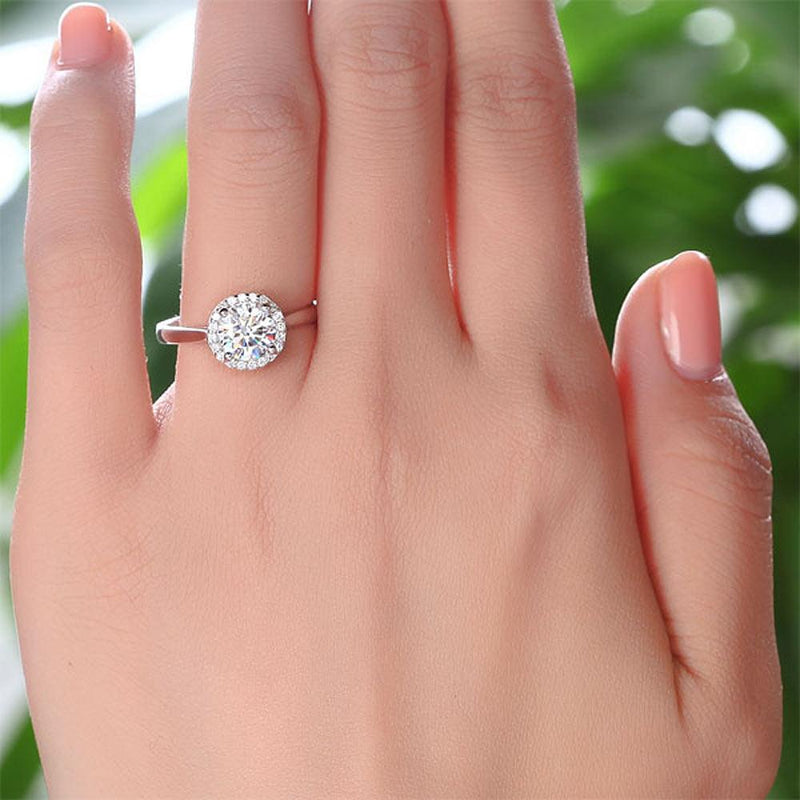 1.00ct Classic Round Cut Halo Diamond Engagement Ring, 925 Sterling Silver