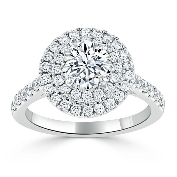 1.25ct  Round Cut Moissanite Double Halo Engagement Ring, Tiffany Style,  Available in White Gold, Platinum, Rose Gold or Yellow Gold